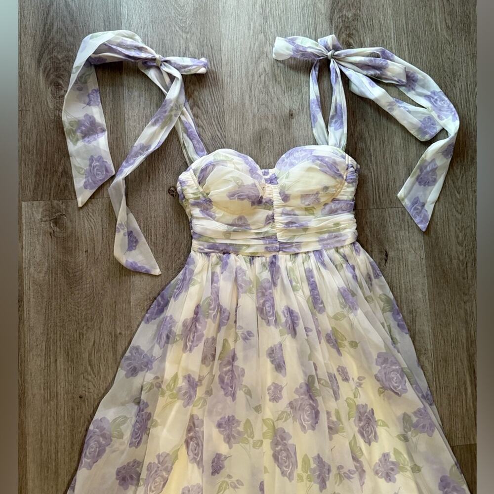 morning lavender debra purple & white floral sweetheart bow detil maxi dress - Picture 3 of 16